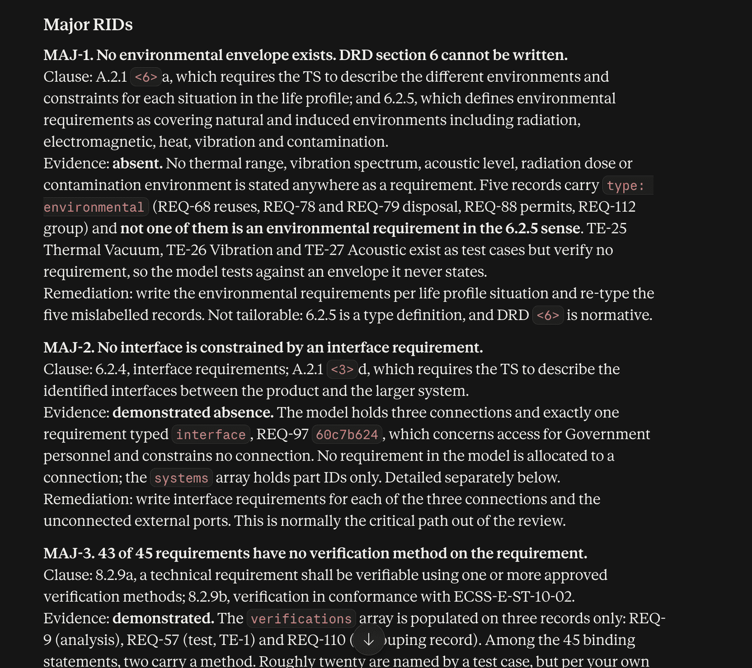 Major RIDs from a generated ECSS-E-ST-10-06C review rehearsal, each citing the clause and DRD section it is raised under, with the evidence status marked absent, demonstrated absence, or demonstrated.