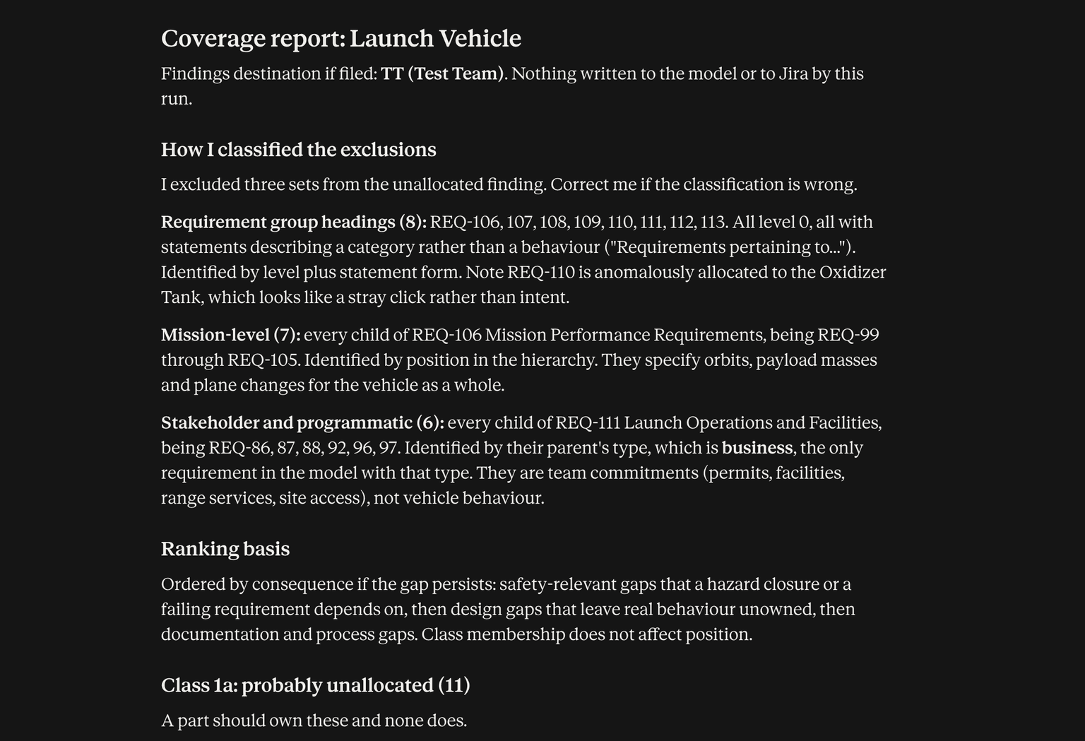 The opening of a generated coverage report, stating the Jira project the findings would go to, how each excluded set of requirements was identified, and the basis the findings are ranked on.