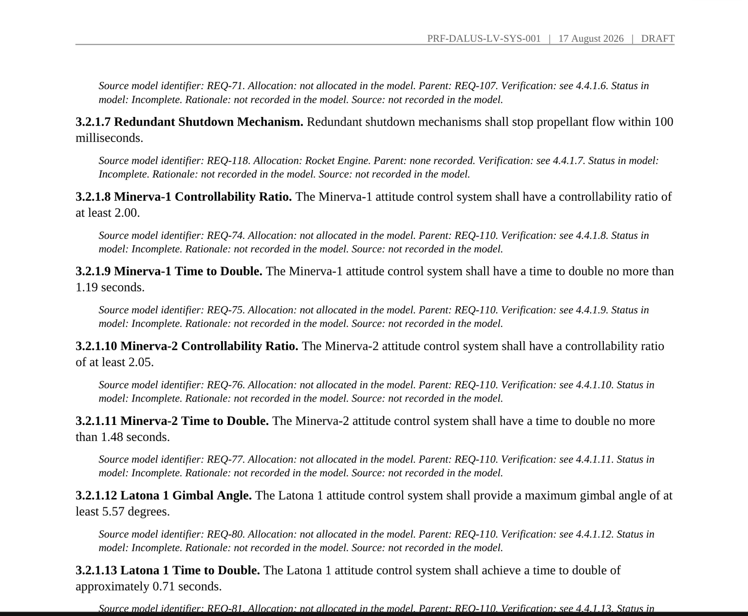 Requirement paragraphs in a generated MIL-STD-961E system specification, each with a shall statement followed by an italic note giving the source model identifier, allocation, parent, verification paragraph reference and status.