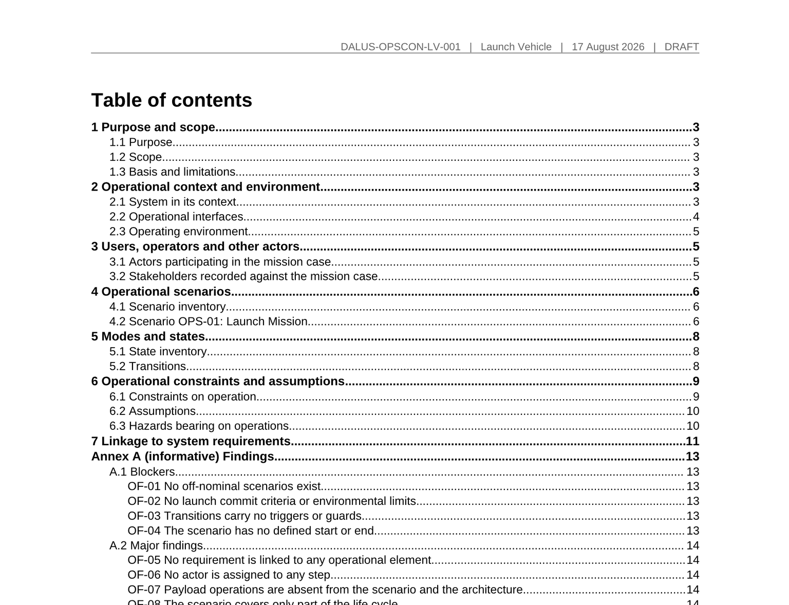 The contents page of a generated operational concept document, listing operational context, actors, scenarios, modes and states, constraints, linkage to system requirements, and a findings annex.