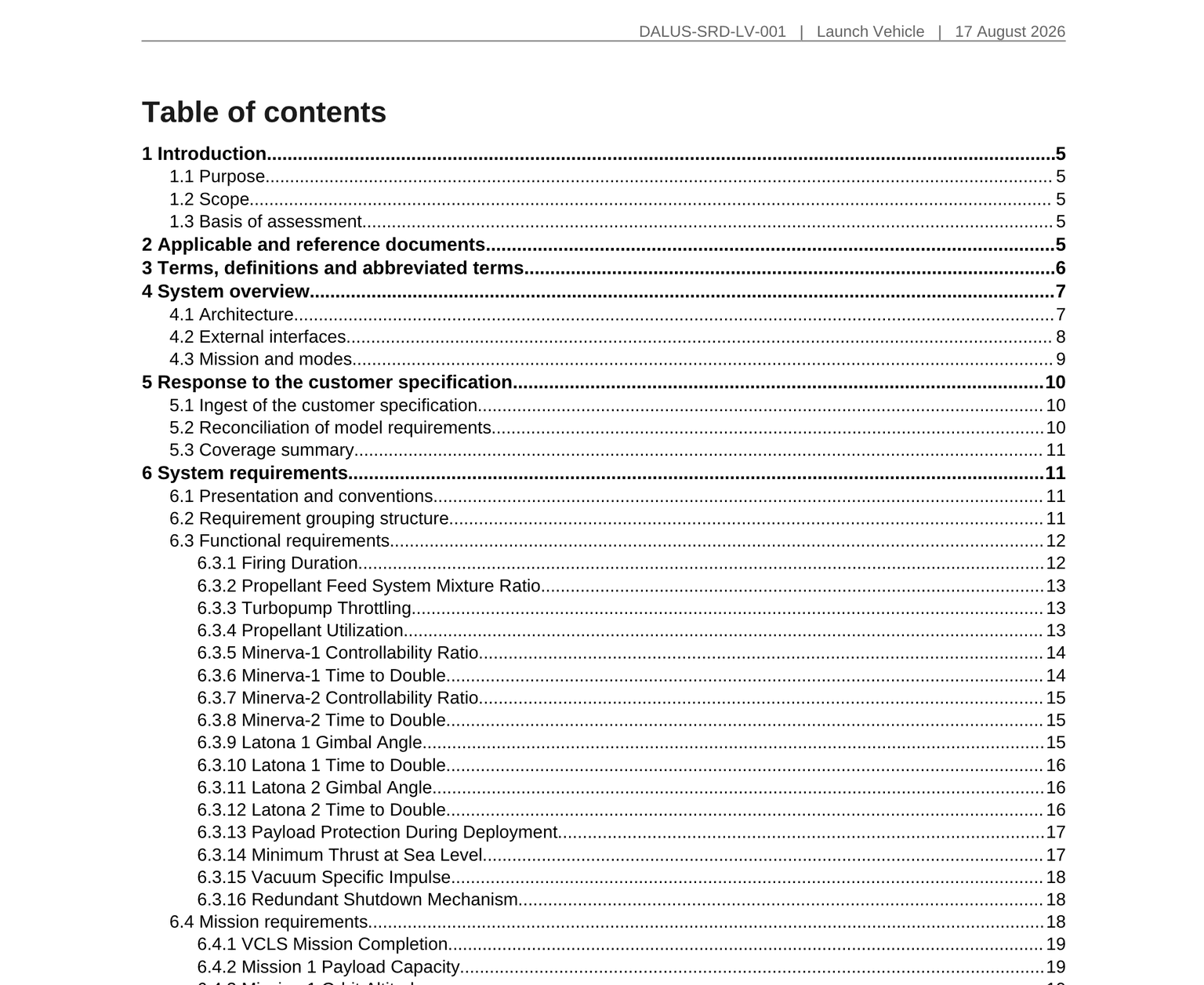 The contents page of a generated System Requirements Document, showing sections for the system overview, the response to the customer specification, and the system requirements.
