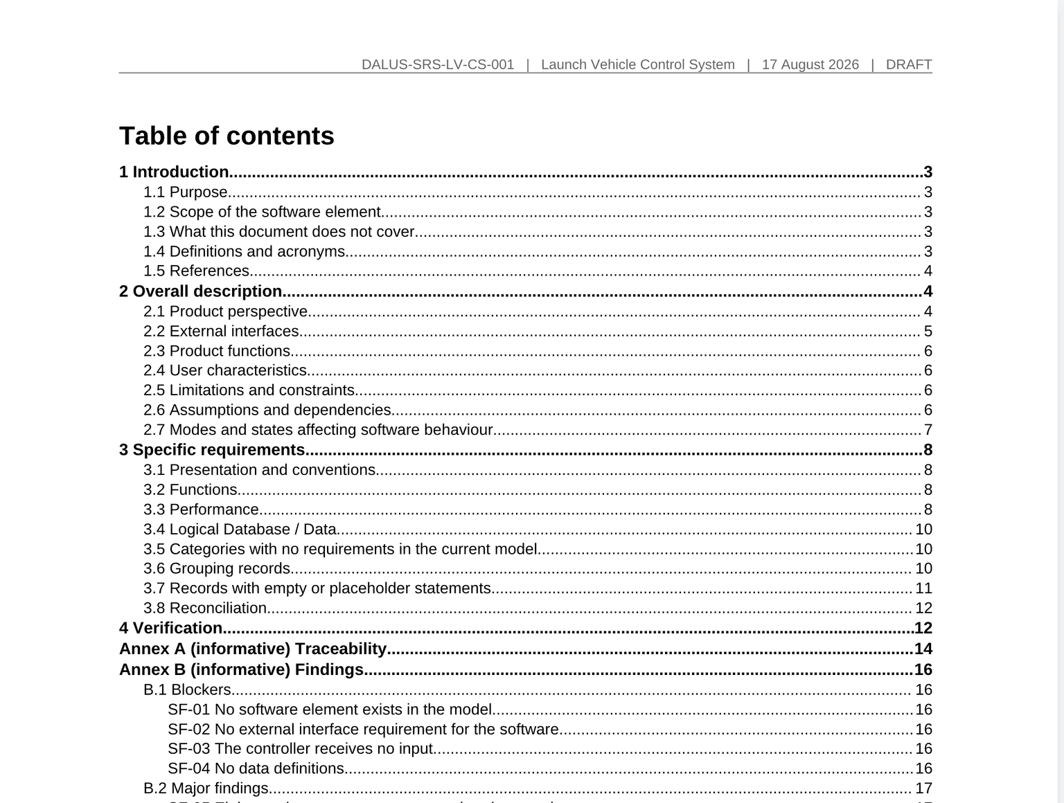 The contents page of a generated Software Requirements Specification, listing the overall description, specific requirements by software category, verification, a traceability annex and a findings annex.