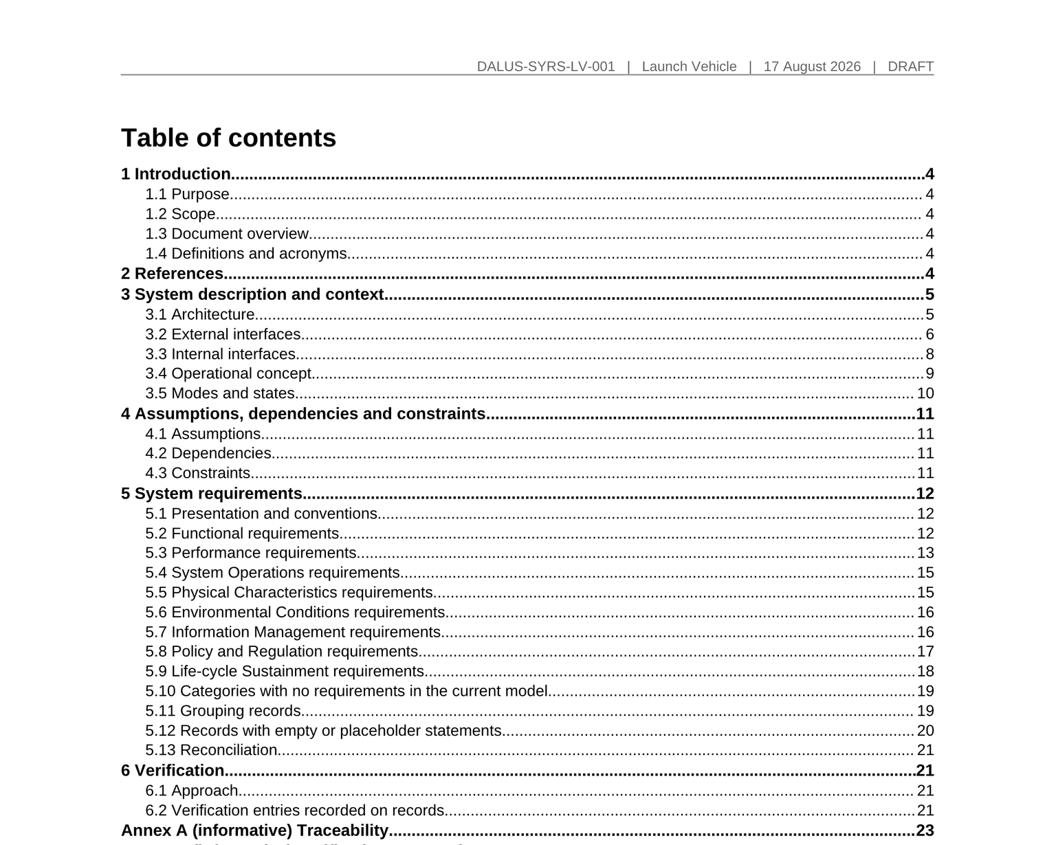 The contents page of a generated System Requirements Specification, listing the 29148 requirement categories along with sections for grouping records, empty statements and reconciliation.