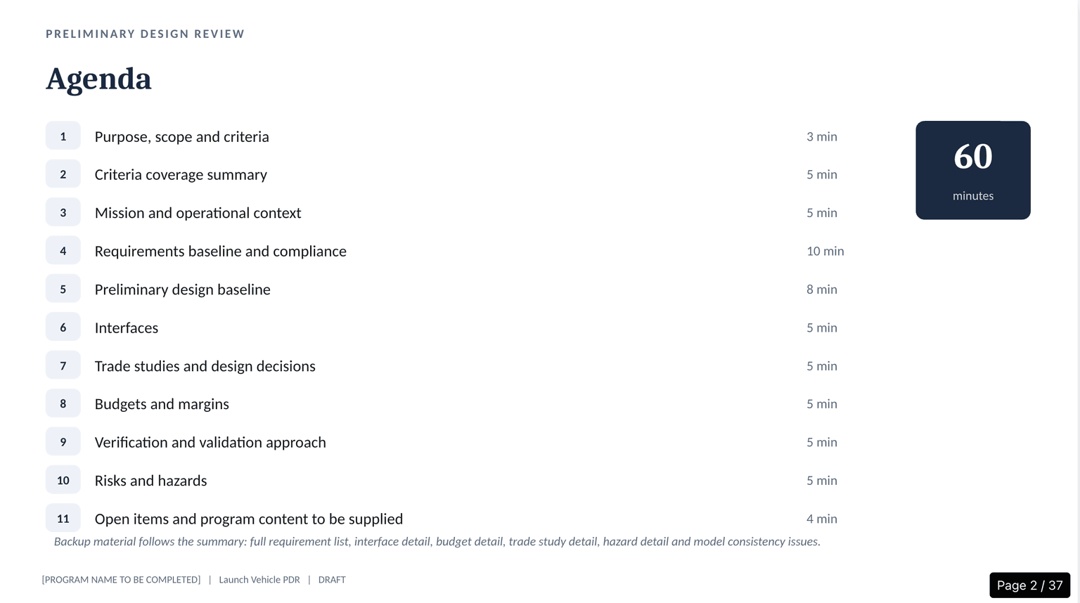 The agenda slide of a generated Preliminary Design Review deck, with eleven items each carrying a time allocation that sums to the review slot, and a note that backup material follows the summary.