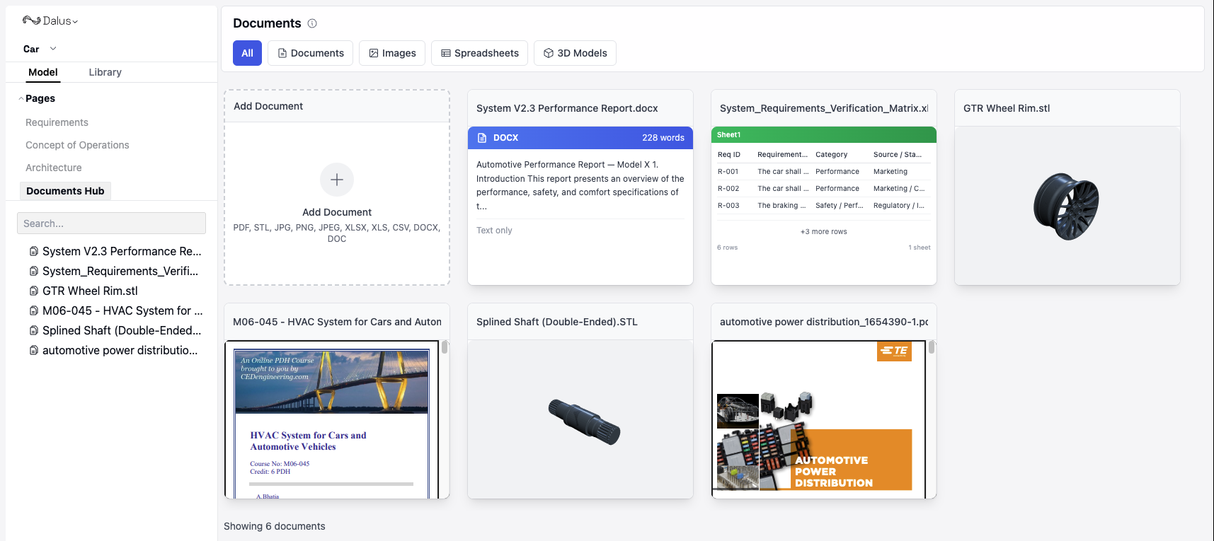 Image: **Documents Hub** showing an Excel file preview and a Word file ready to attach