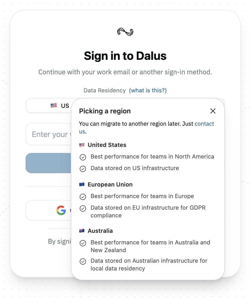 Dalus sign-in page with the Data Residency region control and Picking a region details open, including Australia